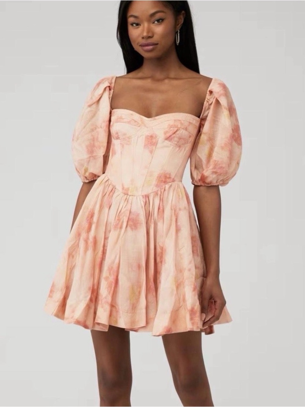 Bardot Mini Dress Size US 4 Peach Pink Kiah Balloon Sleeves Corset Sweetheart